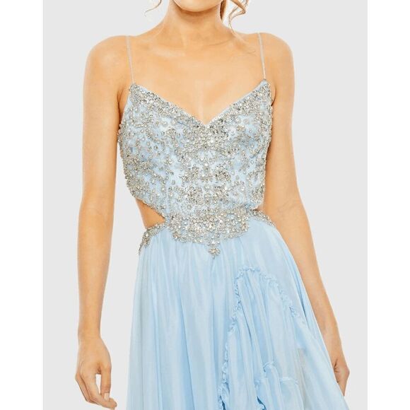 Mac Duggal NWT size 12 Light Blue Embellished Cut Out Open Back High Low Gown st - Picture 3 of 6
